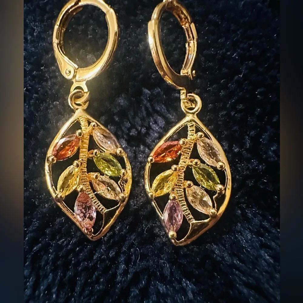 Vintage Style Golden Leaf Earrings with Multiple Colored Stones Grandmac